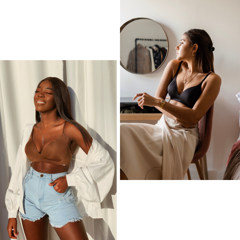Kaz Kamwi and Liv Blankson wearing the Lounge bra in Chocolate and Black